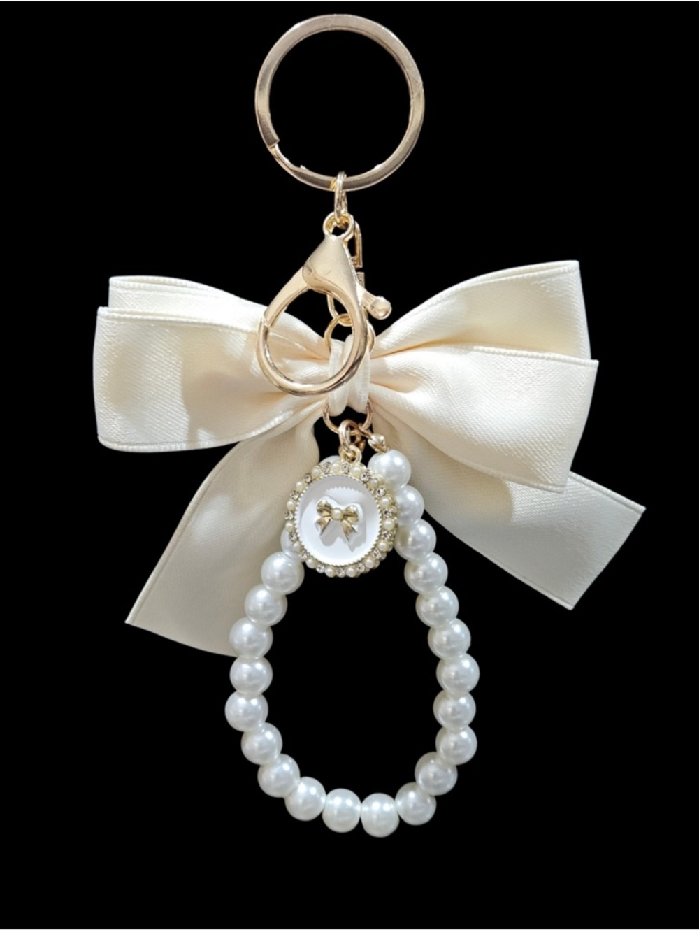 Pearl Bead Bow Keychain Charm in Ivory and Gold